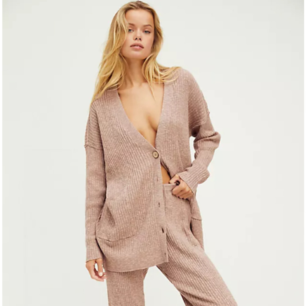Free People FP Beach Maiya Cardigan Cotton Linen V-Neck Rib Knit Sweater